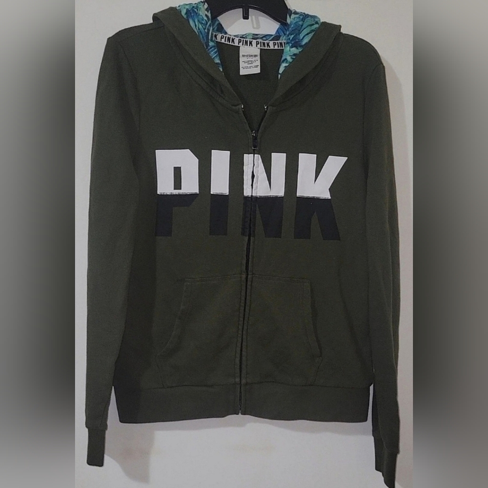 Victoria's Secret PINK Full Zip Dark Olive Green Hoodie Size Large